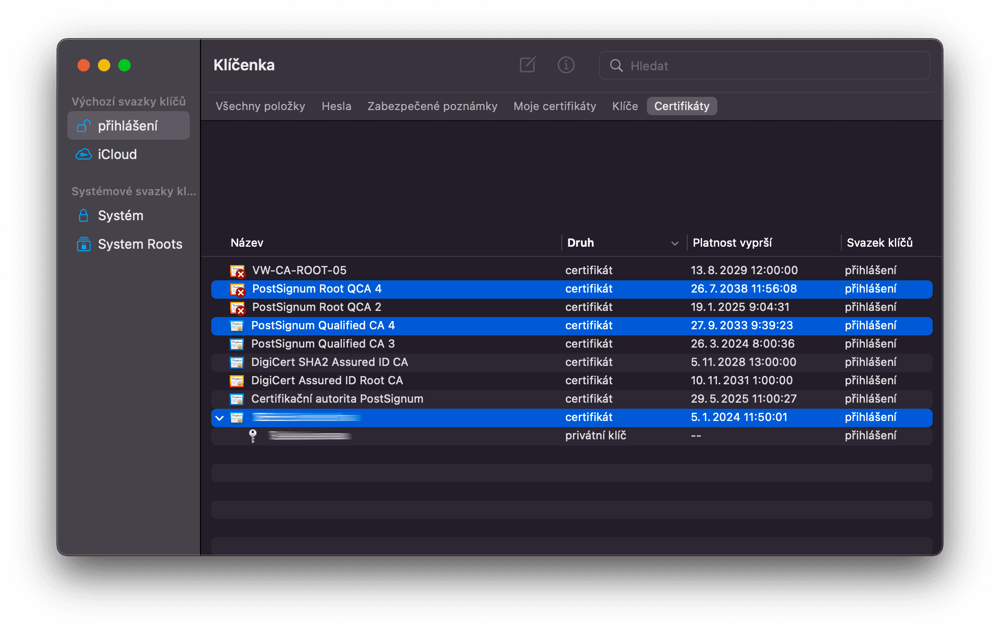 Ukázka označení všech certifikátů v aplikaci Klíčenka