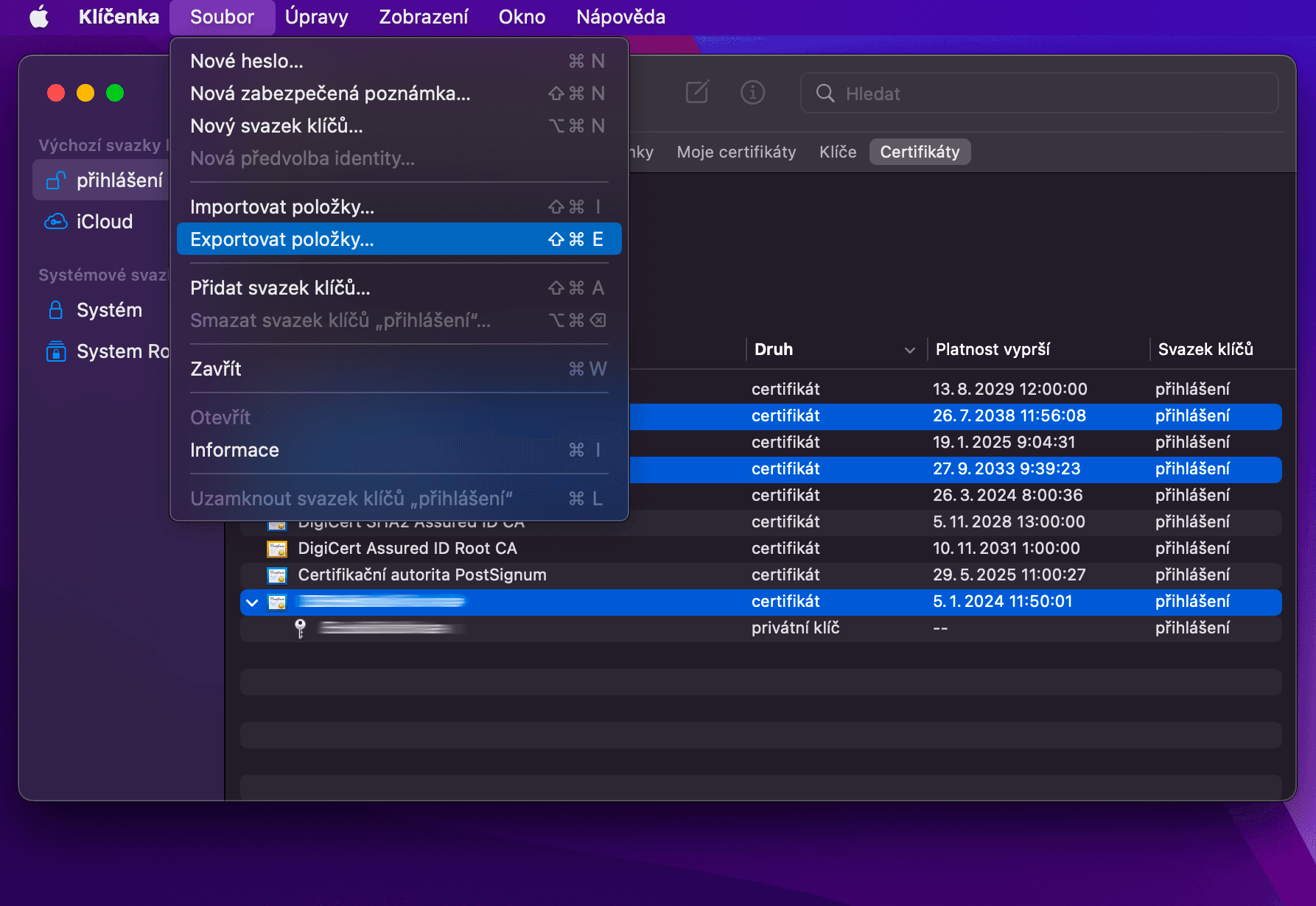 Soubor -> Exportovat položky... (Shift + Cmd + E)