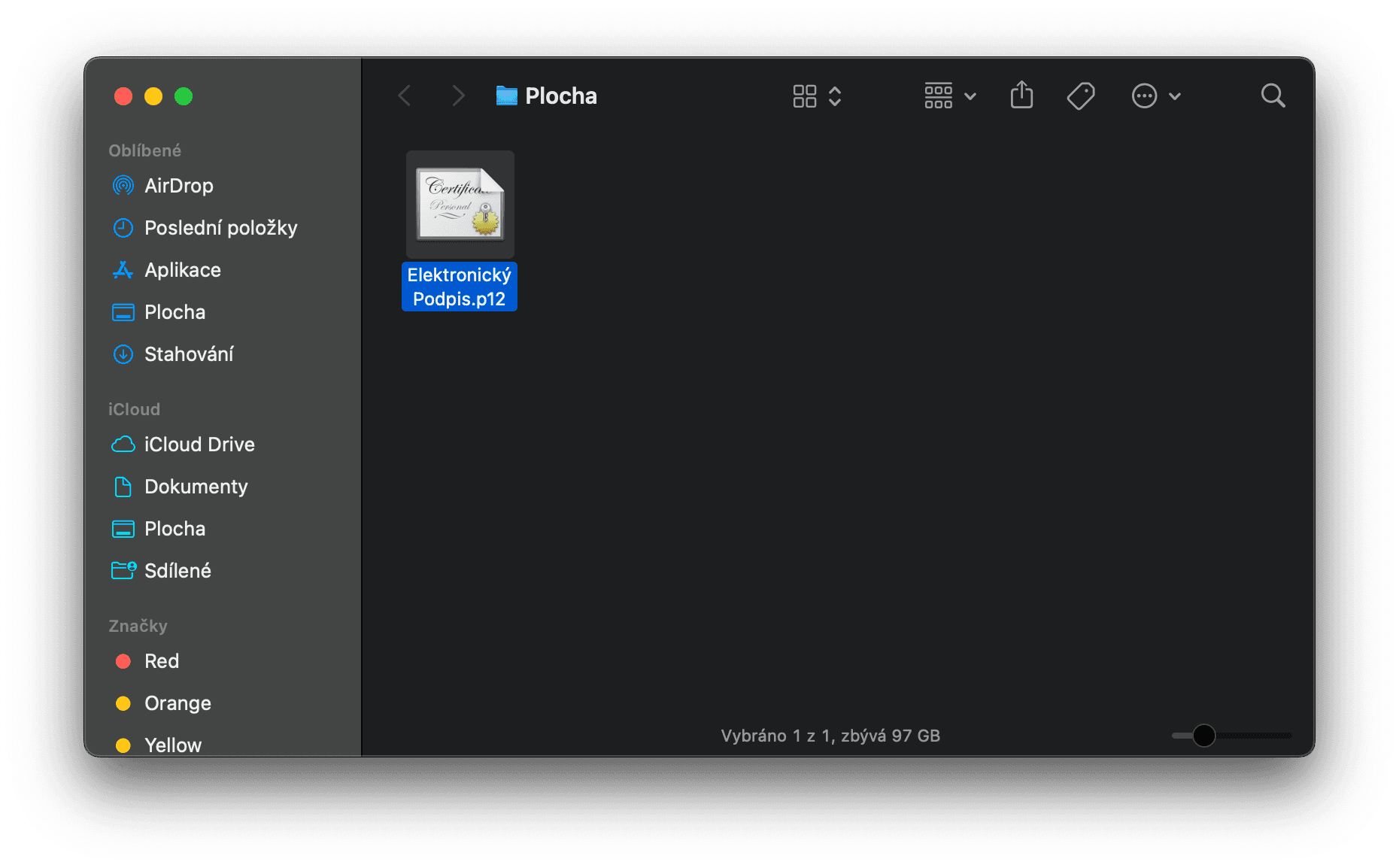 Okno s hotovým elektronickým podpisem uloženým na disku